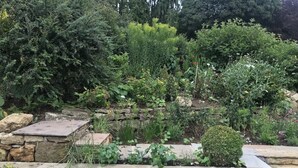 A stone retaining wall with a garden featuring various plants and flowers.