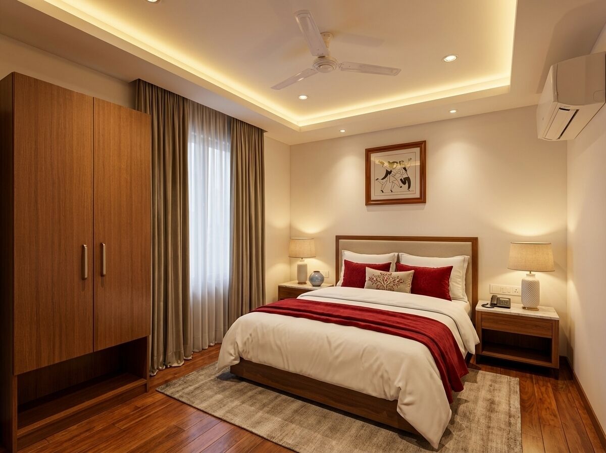 Une chambre à coucher comprenant un lit, des tables de chevet, un ventilateur de plafond et une grande armoire.