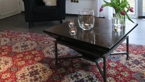 A room with a large ornate mirror, a black armchair, a small table with a vase of flowers, and a patterned carpet. - Seagull house, beach, bathing jetty, boat mooring on Lake Plau (Alt Schwerin)
