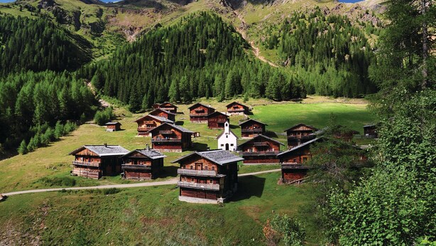En grupp sammanbyggda trähus med balkonger, omgivna av frodig grönska och med ett berg i bakgrunden.