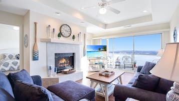 Smart TV, fireplace, books