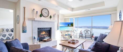 Smart TV, fireplace, books