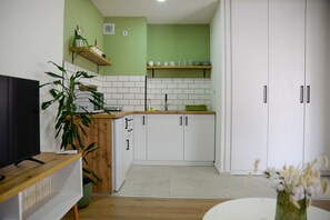 Fridge, microwave, stovetop, electric kettle