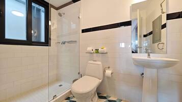 Chuveiro, secador de cabelo, toalhas de banho