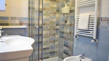 Shower, hair dryer, bidet, towels