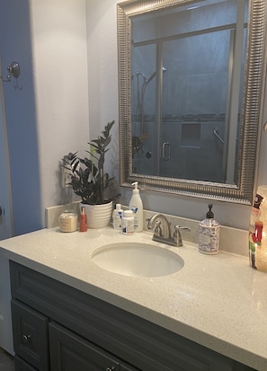 Hair dryer, towels, soap, shampoo