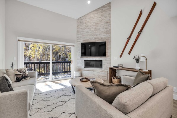 Télévision, cheminée, espaces bureaux