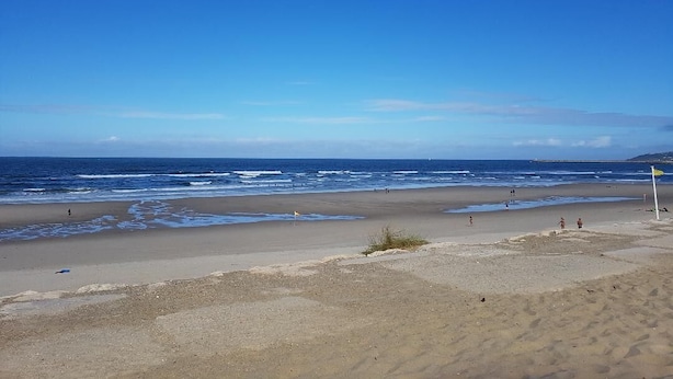 Ein Strand mit blauem Himmel, ruhiger See und einer Wimpel, der die Küstenlinie markiert.