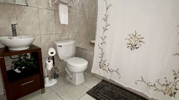 Een haardroger, handdoeken, zeep, shampoo