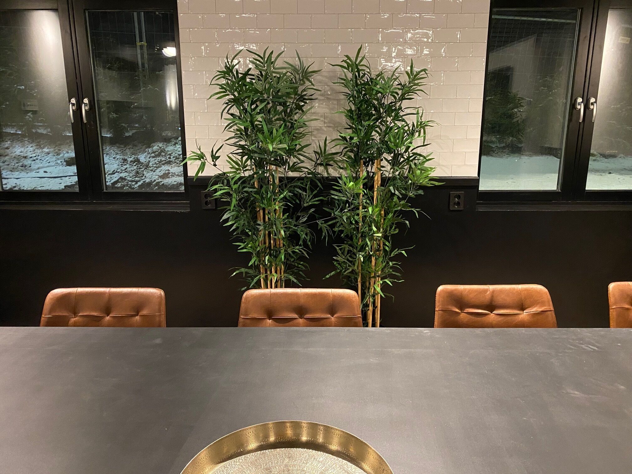 A conference room with a long table, four brown chairs, and two tall bamboo plants.