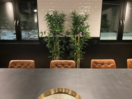 Un salón de conferencias con una larga mesa, cuatro sillas marrones y dos altas plantas de bambú.