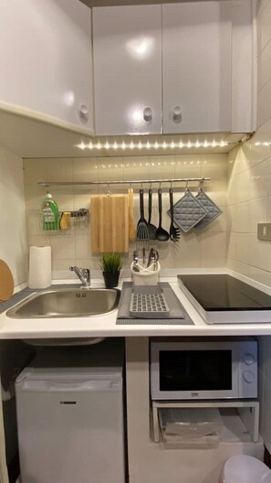 Kühlschrank, Mikrowelle, Herdplatte, Wasserkocher mit Kaffee-/Teezubehör