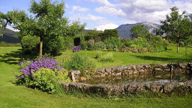A serene garden with a pond, lush greenery, and mountains in the background. - Cozy vacation apartment with a unique view of the mountains (Ruhpolding)