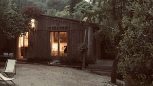 A rustic cabin with a wooden exterior, a visible interior with a fireplace, and a chair outside. - A comfortable cabin in a quiet, natural setting, with air conditioning and a fan; swimming pool (Fontvieille)