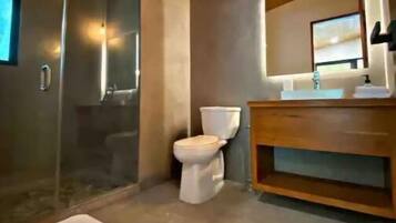 Shower, towels, toilet paper
