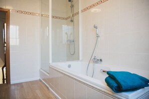 Shower, towels, toilet paper