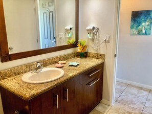 A bathroom with a granite countertop, a sink, a mirror, a hairdryer, and a small plant.