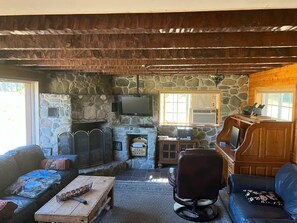 Cozy seating area with a sofa, chair, and stone fireplace.