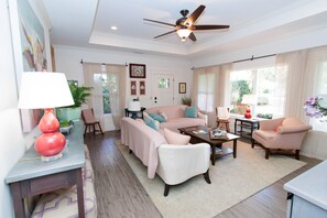 TV, fireplace, books, music library