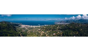 Une ville côtière caractérisée par une forte concentration de bâtiments, un littoral bien marqué et un paysage montagneux en arrière-plan.