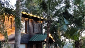 A wooden cabin with a thatched roof, surrounded by lush tropical vegetation.