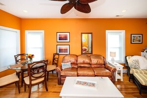 Smart TV, fireplace, books