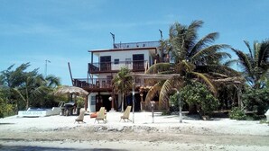 Un bâtiment à deux étages doté d’un balcon, entouré de palmiers et de chaises de plage.