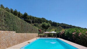 Et rektangulært swimmingpool med en stenvæg på den ene side og en frodig, grøn skråning i baggrunden.