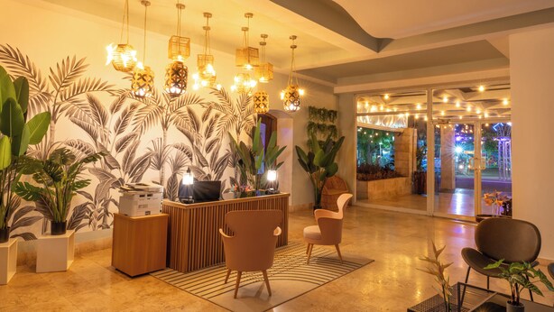A reception area with a wooden desk, two chairs, and a plant. - MARINN Tropical Vibes Hotel (Panama City)