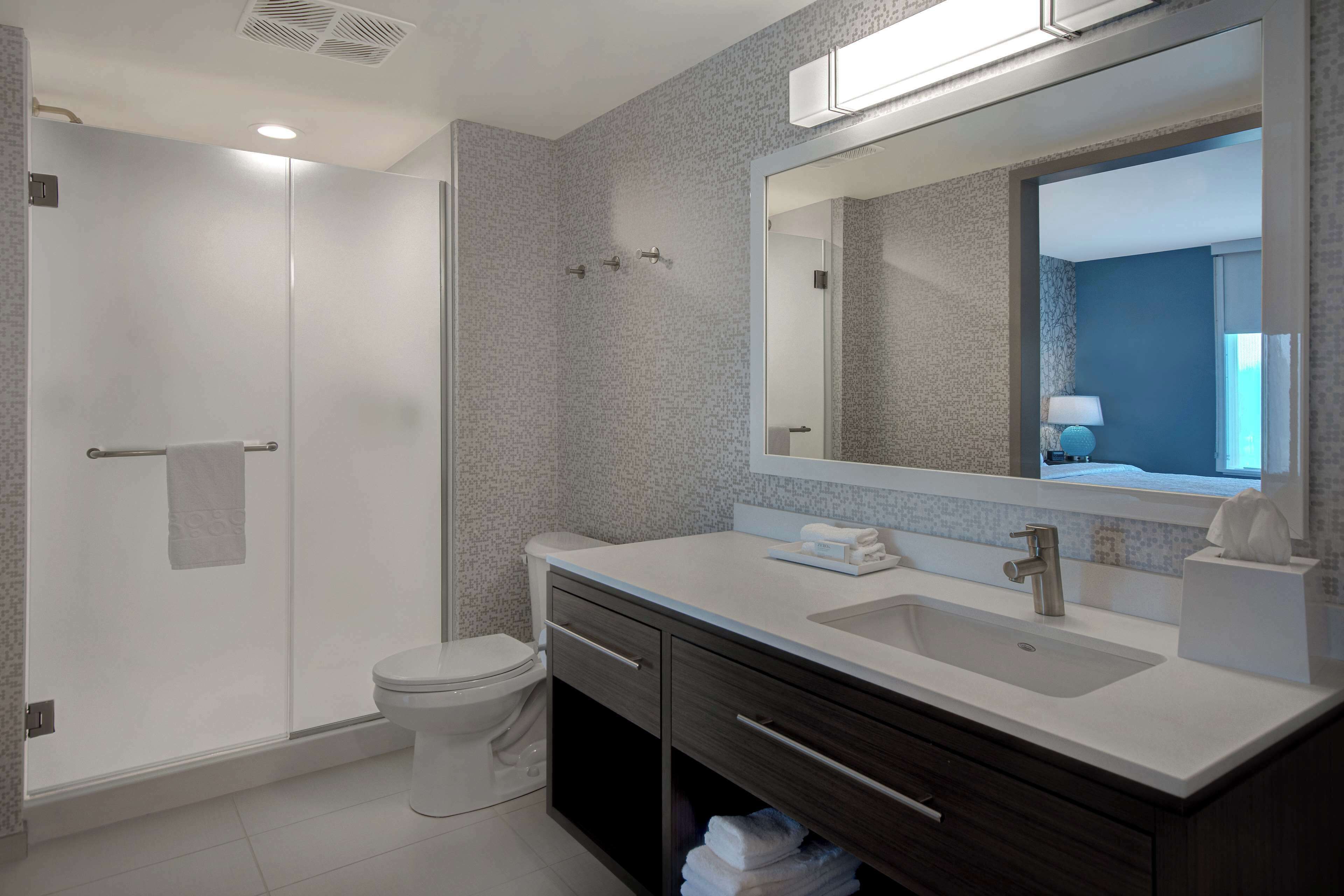 A modern bathroom with a walk-in shower, a toilet, a sink with a mirror, and a towel rack.