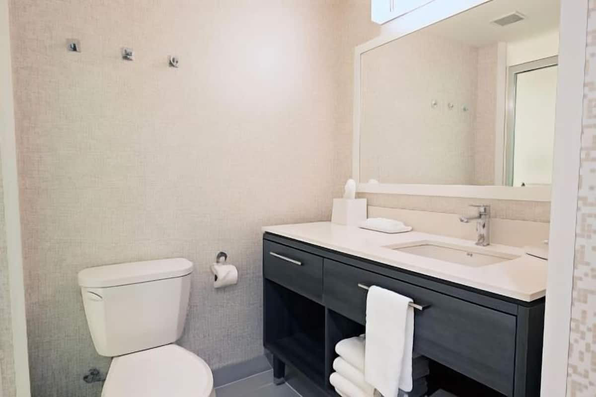 Bany | Capçal de dutxa tipus cascada, assecador de cabells, tovalloles i sabó