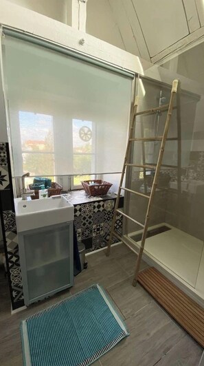 Shower, hair dryer, towels, toilet paper