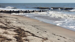 Ein Strand mit brechenden Wellen, einem Betonabfangwall und Seetang im Sand.