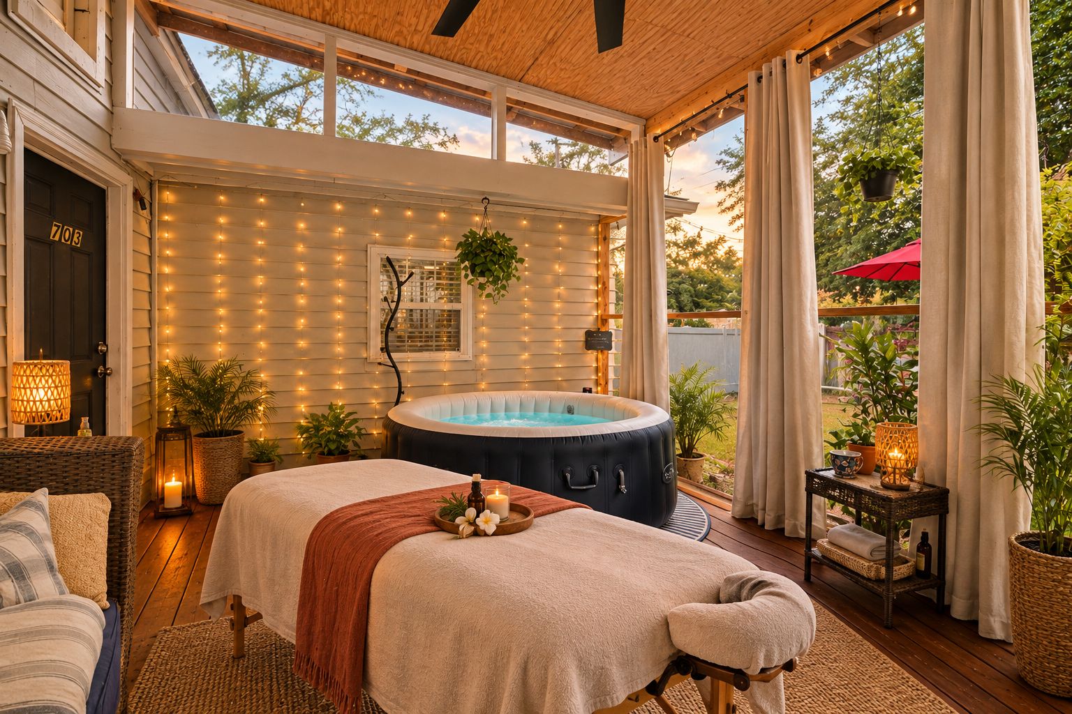 A spa room with a massage table, a hot tub, and string lights.