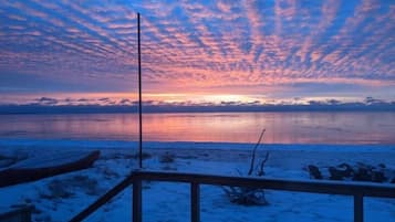 On the beach, sun loungers, beach towels