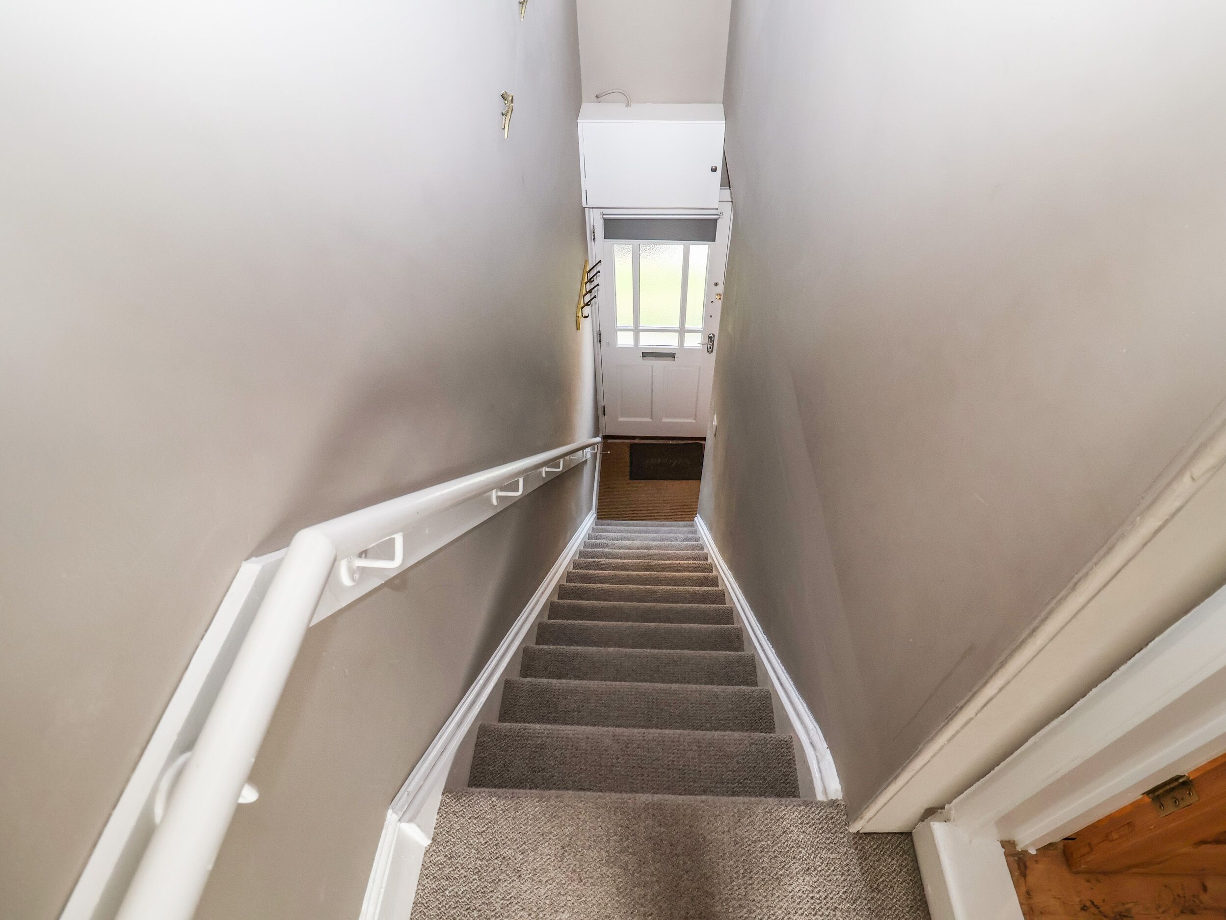 A narrow staircase with carpeted steps and white handrails, leading to a door with a window above.