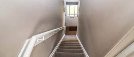 A narrow staircase with carpeted steps and white handrails, leading to a door with a window above.
