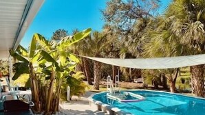 A pool area with a clear blue sky, surrounded by palm trees and a shaded area. - Exotic waterfront Glamping experience  (Port Charlotte)