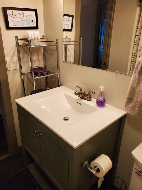 A bathroom with a white sink, a mirror, a towel rack, and a toilet paper holder. - Spacious, Pet Friendly Apartment in the Heart of Downtown (New Glarus)