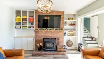 Smart TV, fireplace, books