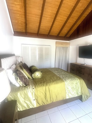Quarto com cama, televisão, janela com cortinas e teto com vigas de madeira.