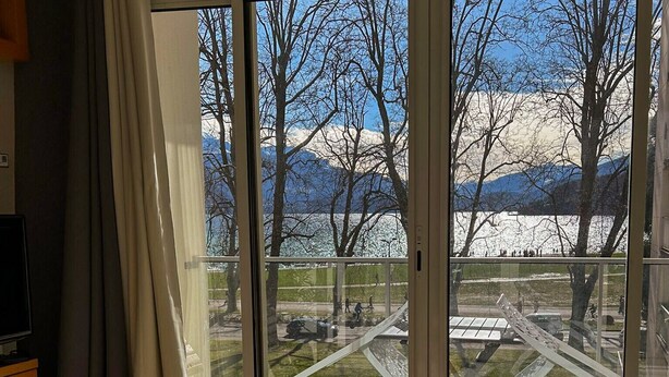 A room with a large window offering a view of a park and mountains. - L Ourson vue Lac (Annecy)