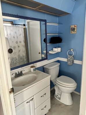 Douche, sèche-cheveux, serviettes fournies, savon