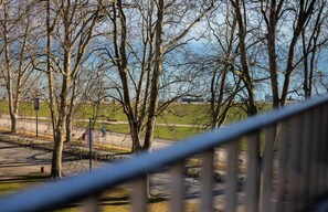 Ein Park mit kahl stehenden Bäumen, einem Weg und einem entfernten Blick auf ein Gebäude.