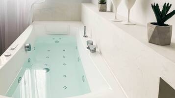 Shower, hair dryer, towels, shampoo