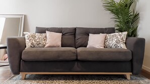 Ein graues Sofa mit floralen Kissen, ein gemustertes Teppich und eine Zimmerpflanze in einem Wohnzimmer.