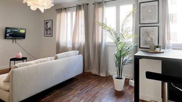 A modern living room with a sofa, a dining table, a potted plant, and a TV mounted on the wall.
