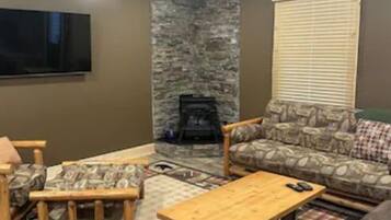 Una Smart TV, una chimenea, libros