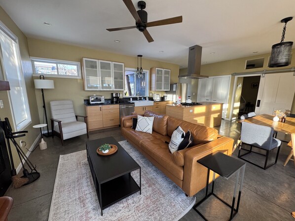 TV connectée, cheminée, vidéothèque, écrans d'ordinateur