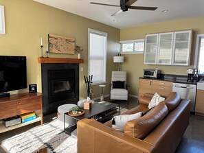 Smart TV, fireplace, video library, computer monitors